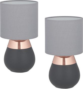 Relaxdays L&aacute;mpara De Mesa, Set 2, Base Metal, Pantalla Tela, E14, 32x18 Cm, Lamparita Noche Con Cable, Gris/cobre - Relaxdays