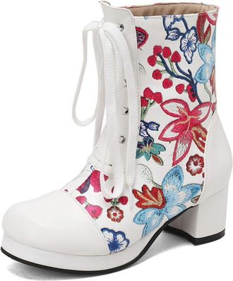 Generic Womens Floral Embroidered Ankle Boots Round Toe Mid Chunky Heels Lace Up Soft Upper Cushioned Insole Comfortable Non Slip Wear Resistant Dance Party C