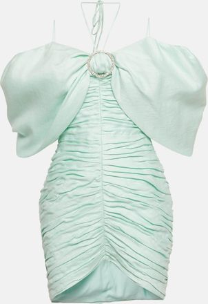 Rasario Light Green Linen Blend Ruched Off Shoulder Dress