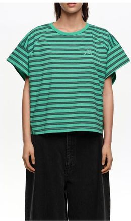 Bimba & Lola Striped Cropped T-shirt With Embroidered Logo in Green at Nordstrom, Size Xx-Small Eu