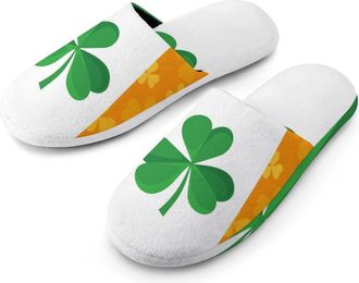 Generic Irish Flag with Shamrock Flannel Mens Slip-on Slippers Winter Warm House Shoes with Rubber Sole for Home Hotel