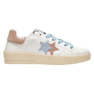 2Star 2Star, Schoenen, Dames, Wit, 41 EU, Su&egrave;de, Witte leren sneaker met roze en lichtblauwe su&egrave;de details