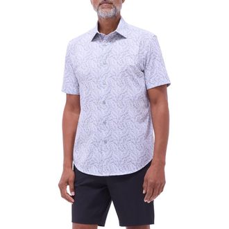 Bugatchi Miles OoohCotton Leaf Print Short Sleeve Button-Up Shirt in Zinc at Nordstrom Rack, Size Medium