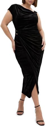 City Chic Vivi Asymmetric Velour Sheath Dress in Black at Nordstrom, Size Xl