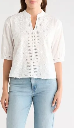 Nanette Lepore Floral Cotton Voile Popover Top in White at Nordstrom Rack, Size X-Large