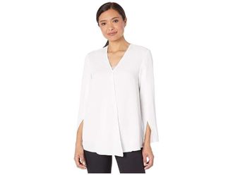 Nic+Zoe NIC+ZOE Surface Top Womens White Slit Long Sleeve V-Neck Blouse JDM1107