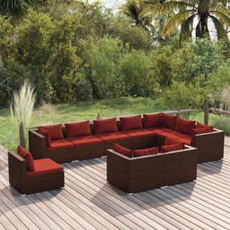 vidaXL Set Muebles De Jard&iacute;n 10 Pzas Y Cojines Rat&aacute;n Sint&eacute;tico Marr&oacute;n Vidaxl
