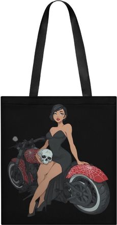 Generic Pin-Up Woman Skull Motorcycle Tote Bag for Women Men Shoulder Bags Purses Pouch Handbags