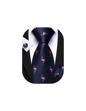 Barry.Wang Funny Ties Mens Navy Blue Flamingo Animals Silk Necktie Set Handkerchief Cufflinks Party Christmas