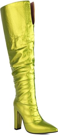 Generic Womens Pull on Slouch Long Boots Pointed Toe PU Leather Over The Knee Boots Chunky High Heel Thigh High Boot,Green,5.5 UK