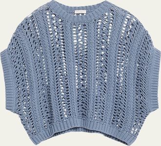 Brunello Cucinelli Short-Sleeve Cotton Springtime Net Knit Sweater