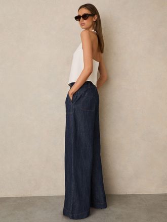 Reiss Indigo Petite Linen Wide-leg Trousers, 12