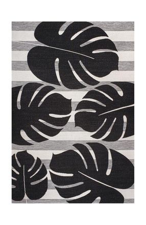 Jonathan Y Designs Allison Classic Beach Stripe and Monstera Leaf Indoor/Outdoor Rug in Black/gray at Nordstrom, Size 8Ft 0In X 10Ft 0In