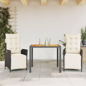 vidaXL Set Comedor De Jard&iacute;n 3 Pzas Con Cojines Rat&aacute;n Sint&eacute;tico Negro Vidaxl