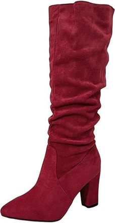Generic Knee High Boots Women Slouchy Suede Slouch Mid Calf Boots Wide Calf Kitten Heel Pointed Toe Pull On Long Boot Winter Comfortable Casual Work Shoes