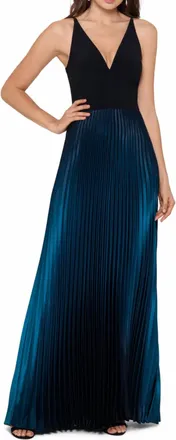 Aqua Long Ity V-Neck Ombre Evening Gown In Blue