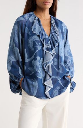 Diane Von F&uuml;rstenberg Nicky Floral Balloon Sleeve Chambray Top in Dancing Rose Giant Tonal at Nordstrom Rack, Size X-Large