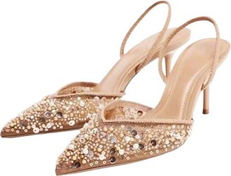 Generic Women Beaded Mesh High Heel Sandals Pointed Toe Elegant Spaghetti Office Dress Shoes Brown