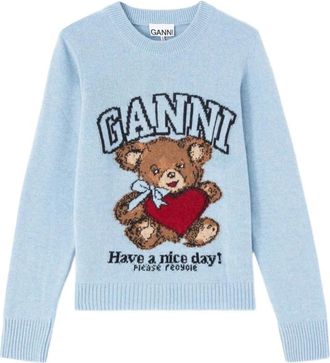 Ganni Teddy Graphic Jumper - Dames - Ronde hals truien - Blauw - L - Wol - Truien & Vesten