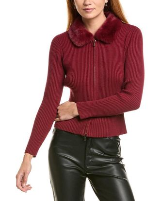 Shelli Segal Fur Collar Zip Sweater