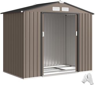 OEM Caseta De Jard&iacute;n Exterior Con Base De Refuerzo Sin Suelo 213x130x185 Cm Con 2 Puertas Correderas Y 4 Ventanas Marr&oacute;n