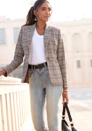 Lascana Kurzblazer LASCANA, Damen, Gr. 34, braun (kariert), Web, Obermaterial: 64% Polyester, 33% Viskose, 3% Elasthan. Futter: 100% Polyester, kariert, taill