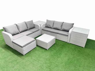 Fimous Outdoor Garden Furniture Sets 7 Seater Wicker Rattan Furniture Sofa Sets w/ Square Coffee Table high Back Lounge Sofa Big Footstool 2 Side