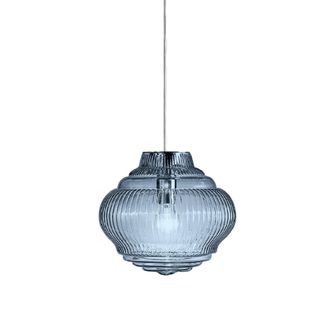 Zafferano Bonnie Lampada A Sospensione In Vetro Soffiato Artigianale Con Lavorazione Rigadin Colore Bluino, Diametro 27.5 Cm, Struttura Metallo Grigio, E27