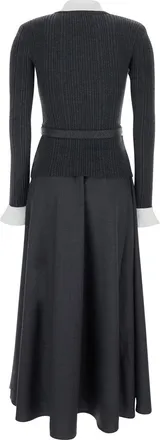 Self Portrait Womens Long Dress With V-Neck Grey Tech Fabric And Cotton