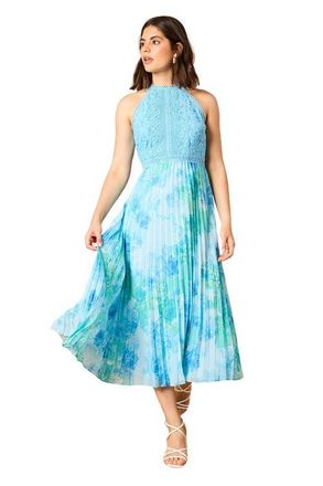 Oasis Printed Lace Mix Halterneck Midi Dress in Floral at Nordstrom, Size 12