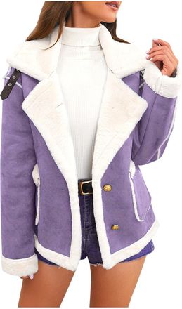 Generic Winter Coats for Women Faux Suede Shearling Lapel Cropped Jacket Thermal Sherpa Fleece Lined Short Coats Buttons Sheepskin Jackets Warm Plush Overcoat