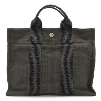 Herm&egrave;s Black Gray Canvas Handbag Tote Bag (Pre-Owned)