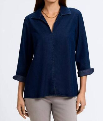 Foxcroft Agnes Tencel Denim 3/4 Sleeve Popover Shirt In Dark Wash Navy Denim