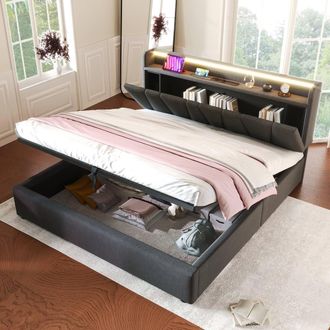 Merax Grey Upholstered Hydraulic Storage Bed with Charging Headboard | Size: King