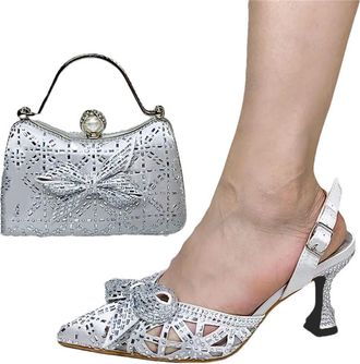 Generic Womens Wedding Bride Stiletto High Heel Shoes and Handbag Set Luxury Rhinestone Bow Decoration