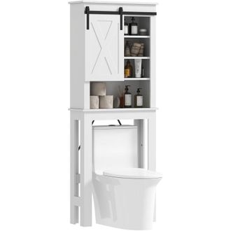 HOMCOM Homcom Mueble Sobre Inodoro Armario Sobre Inodoro Con Puerta Corredera De Granero Y 6 Compartimentos Mueble De Ba&ntilde;o R&uacute;stico 67x25x172 Cm Blanco
