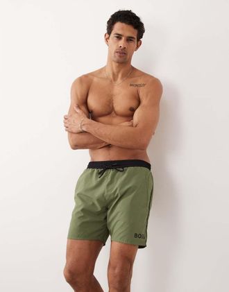 HUGO BOSS Boss - Starfish - Pantaloncini da bagno kaki con logo-Verde