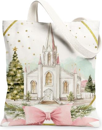 Generic Christmas Church Canvas Tote Bags, Holiday Vintage Building Reusable Grocery Bags, Festive Lightweight Washable Shoulder Ca, White, 13x15 Inch