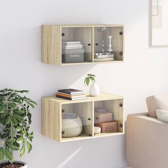 Berkfield Home Wall Cabinets with Glass Doors 2 pcs Sonoma Oak 68.5x37x35 cm in Light Tan