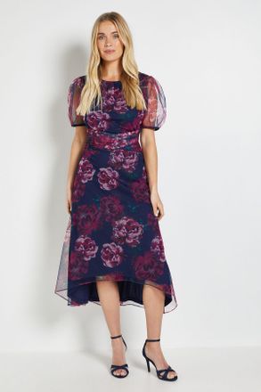 Wallis Womens Petite Floral Mesh Pleated Midi Dress - Blue - Size 14 UK