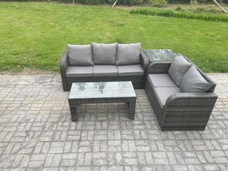 Fimous Outdoor Rattan Garden Furniture Set Patio Lounge Sofa Set with Rectangular Coffee Table Side Table Dark Grey Mixed