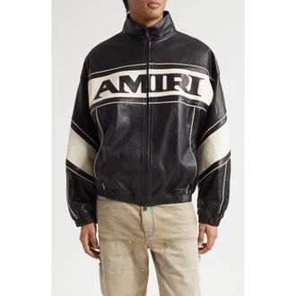 Amiri Sport Logo Lambskin Leather Jacket in Black at Nordstrom, Size 46 Us