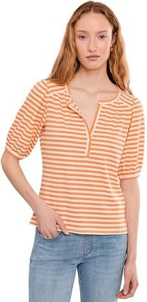 Liverpool L.A. Petite Elbow Sleeve Henley Knit Top Womens Clothing Orange/White Stripe : PXS, Elastane/Polyester/Viscose