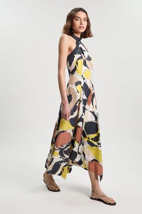 Karen Millen Womens Abstract Print Viscose Linen Woven Halter Neck Maxi Dress - Multicolour - Size 12 UK
