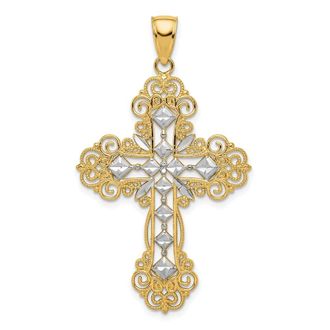 Diamond2Deal 14k Yellow Gold Rhodium Polished Textured Diamond Pattern Cross Pendant