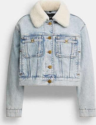 Coach Cropped Heritage C Denim Trucker Jacket In Organic Cotton With Shearling Collar