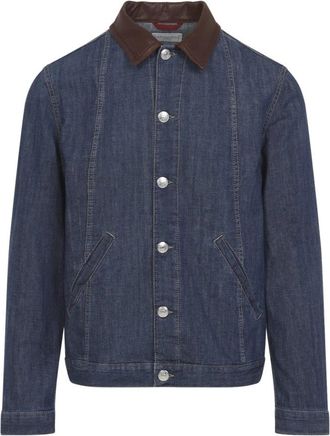 Brunello Cucinelli Leather Collar Jacket - Heren - Spijkerjassen - Blauw - XL - Katoen - Jassen