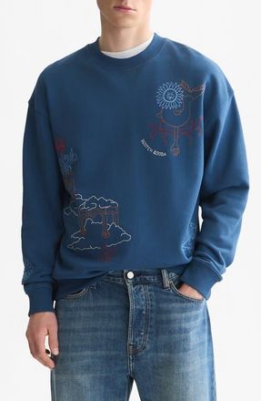 Scotch & Soda Placed Embroidered Cotton Sweatshirt in Ensign Blue at Nordstrom, Size Xx-Large