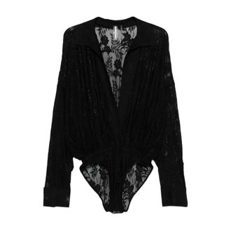 Norma Kamali Full-Body, female, Black, 2XS, Black Floral Lace Top with Collared Neckline