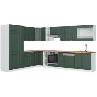 Vicco Cocina Esquinera Fame-line, Verde-dorado Casa De Campo/blanco, 347 X 257 Cm, Et Roble